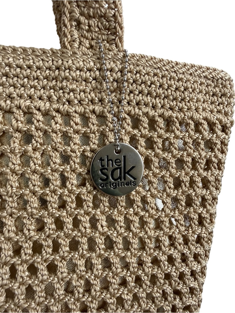 The Sak Crochet Tote Bag Beige Tan Metallic Lined Boho Shoulder Handbag - Picture 4 of 13